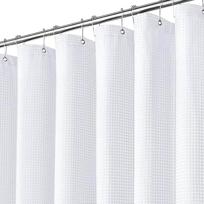 Inhousolu Fabric Shower Curtain Waffle Weave, 230 GSM Heavy Duty, Weighted Hem, 14 Metal Hooks, Water Repellent, Machine Washable, Hotel Spa Luxury Bath Curtain Set, 72 x 84 Inch, White