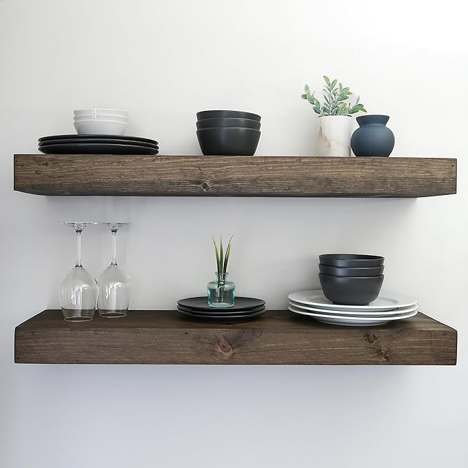 Urbandi Modern Floating Shelves 3 Inches Thick for Wall, Wide Shelves for Kitchen, Living Room, Bedroom, and Bathroom, Natural Pine Wood, Rustic Wooden Shelf, (Set of 2) (Jacobean, 60Lx3Hx6D)