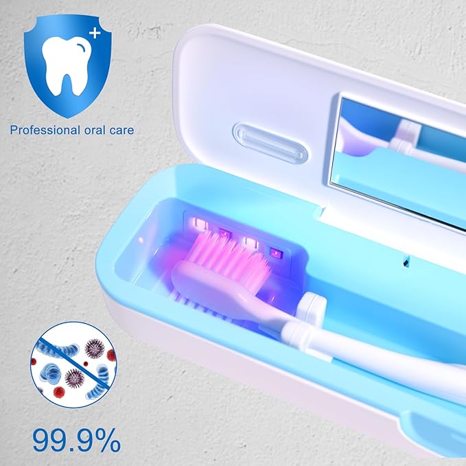 UV Toothbrush Sanitizer and Holder, Portable Travel Case and Cover, Toothbrush Cleaner Powered by AA Battery or USB-C, Fits Most Brushes