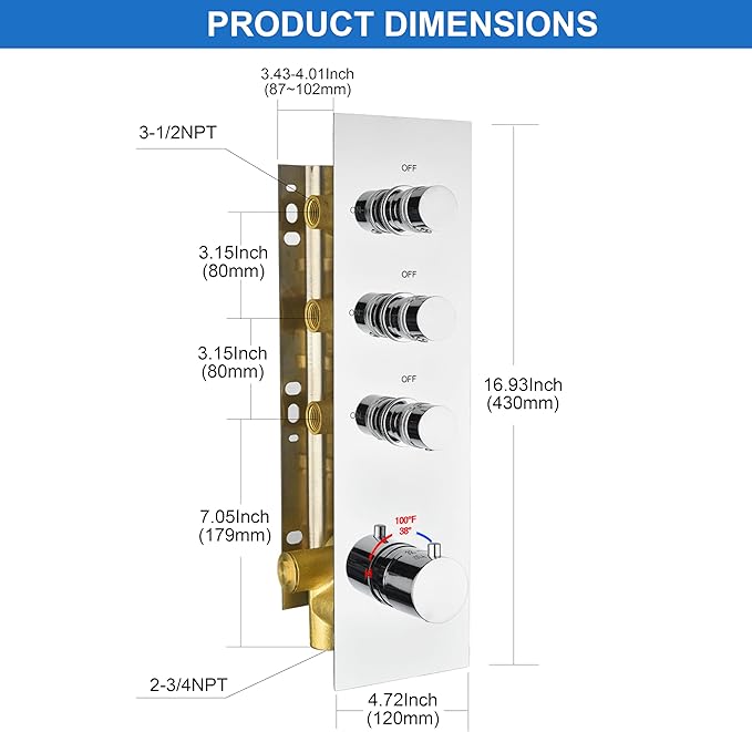 3-Way Chrome Shower Diverter Valve | Thermostatic Brass 3-Function Mixer | Individual On/Off Flow Control for Shower Arm & Shower Kit
