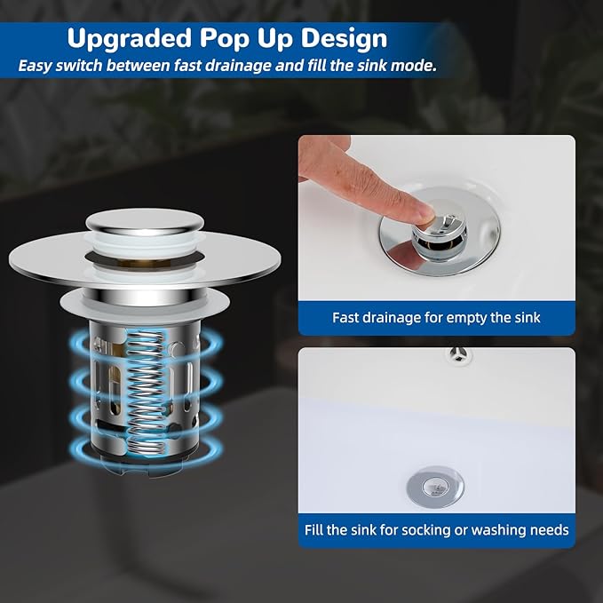 Hibbent 4 Pack Upgraded 3 in 1 Bathroom Sink Drain Strainer, Universal Pop Up Stopper with Removable Stainless Steel Filter Basket Hair Catcher, Sink Plug for 1.1''~2.36'' Basin, Brass Core, Chrome