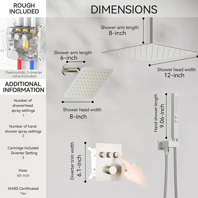 Thermostatic Shower Systems Brushed Nickel Shower Faucets Sets, STARBATH 12+ 8" Ceiling Mount Rain Shower and 2 in 1 Handhled, Can Use All at Once, Push Button 3 Modes Valve Complete Shower Set
