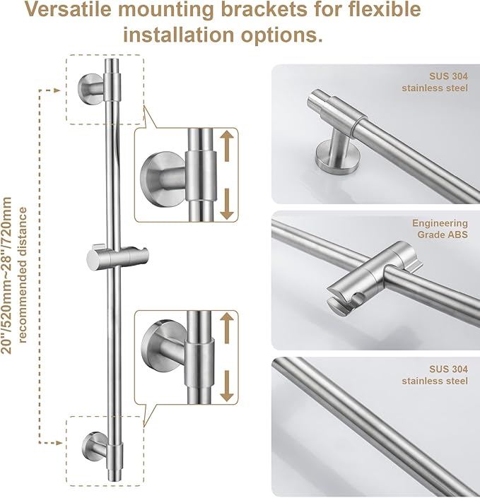 Adjustable Shower Slide Bar with 5-Function Handheld Shower Head, Stainless Steel Grab Slide Bar Combo with Extra Hose (Brushed Nickel)
