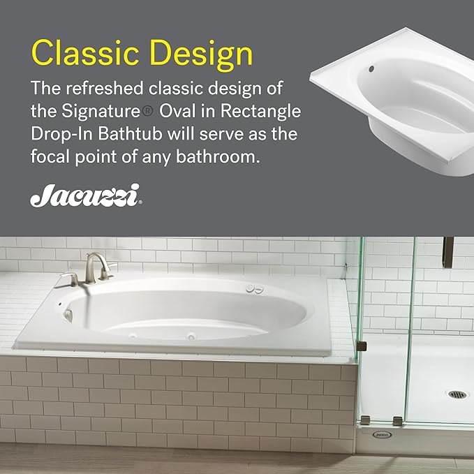 Jacuzzi SIGNATURE Acrylic Drop-In Bathtub, Soaking Sanctuary, Slip Resistant, Left Drain Placement, 72" (L) x 42" (W), Oval In Rectangle, 3-Tile Flange, Oyster