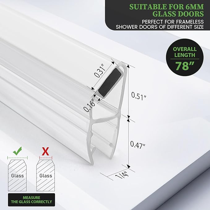 Bathroom Shower Glass Door Side Seal Strips, Length 78 Inch 2PCS Transparent PVC Door Side Seall Strips with Magnetic Stripe for 3/8" (10MM) Thick Framless Glass Panel