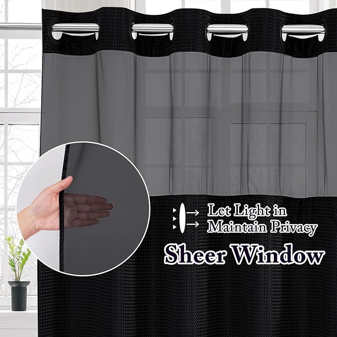 Gibelle Stall Small Shower Curtain 36x74, Waffle Weave Shower Curtain with Snap-in Fabric Liner Set, No Hooks Needed, Hotel Style with Mesh Top Window, Black