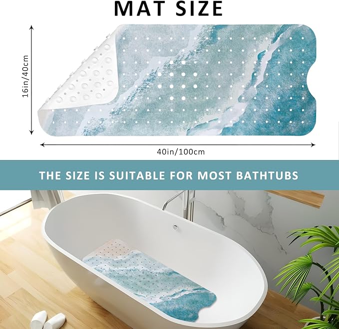 Beach Bathtub Mat Non Slip, Baby Bath Mat for Tub Rubber Tub Mat, Kids Bath Mats for Bathroom Ocean Waves Anti Slip Shower Mat with Suction and Drain Holes Machine Washable, 40″X16″