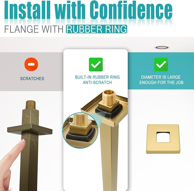Brushed Gold Shower Arm with Flange and Teflon Tape for High Ceiling or Fixed Rain Showerhead, Universal Connection 16-inch Square Straight Shower Head Extender Extension Pipe, 304 Stainless Steel