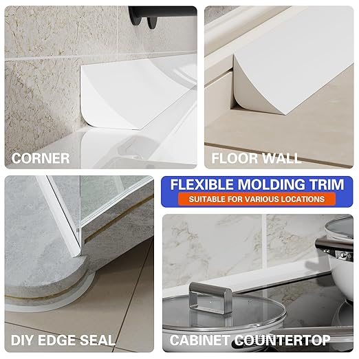 Flexible Molding Trim, Flexible Bendable Adhesive Caulking Strip, Molded Trim, Peel and Stick Home Decorative Edge for Bathroom, Kitchen, Floor, Wall (White, 0.83in x 0.24in x 10ft)
