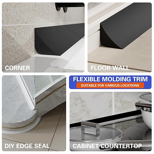 Flexible Molding Trim, Flexible Bendable Adhesive Caulking Strip, Molded Trim, Peel and Stick Home Decorative Edge for Bathroom, Kitchen, Floor, Wall (Black, 0.83in x 0.24in x 3.3ft)