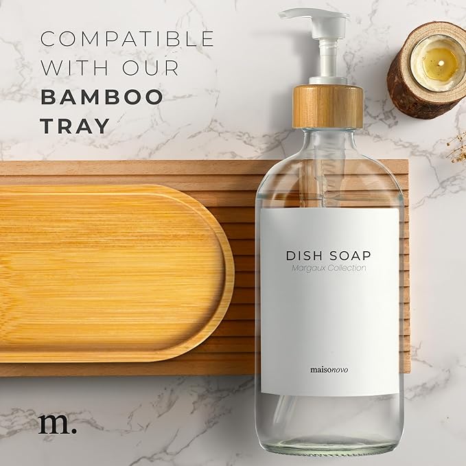 MaisoNovo Glass Hand Soap Dispenser | Dish Soap Dispenser for Kitchen | 16.9oz Clear Bottles with White Bamboo Pump | Bathroom Lotion Dispenser