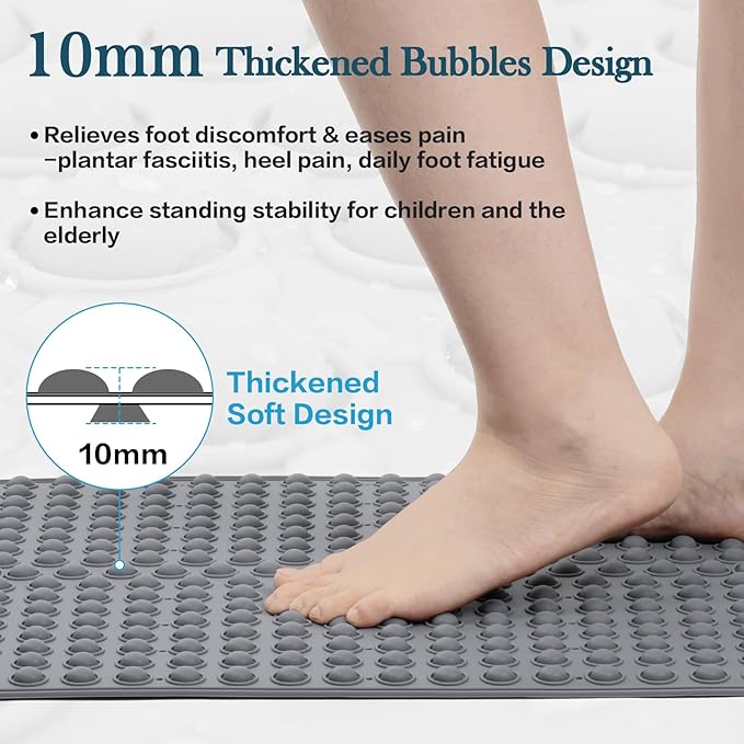 Silicone Push Pop Bath Mat with 391 Suction Cups,33x17.3 Inch Non-Slip Tub Mat for Adults, Superior to Foldable Mats for Safety & Stability with Drain Holes, Gray Thickend Soft Shower Mat