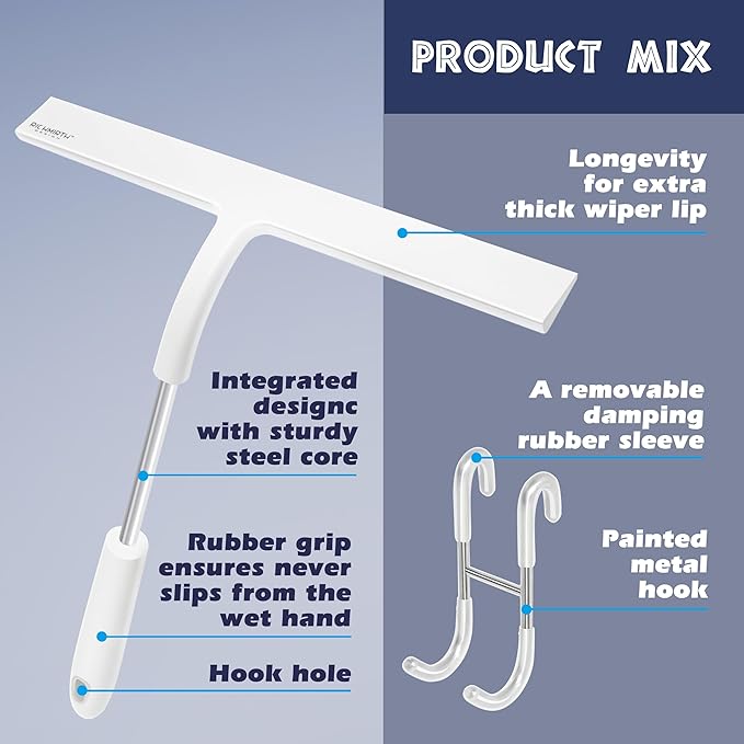 12 Inch Silicone Shower Squeegee for Glass Doors with Hook – Streak-Free Window Cleaner for Bathroom, Mirror, Tile & Car, No Scratch Squeegee with Metal Core