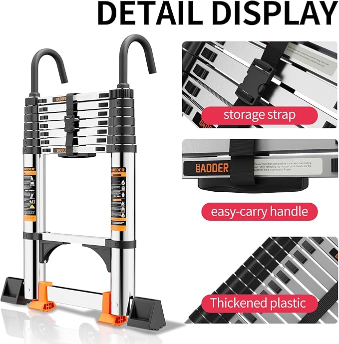 Telescoping Ladder,with Stable Hook and stabilizer barand,13.5FT Extension Ladder, Heavy Duty 330lbs Max Capacity, Multi-Purpose Collapsible Ladder for RV or Outdoor Work (4.1M/13.5FT)