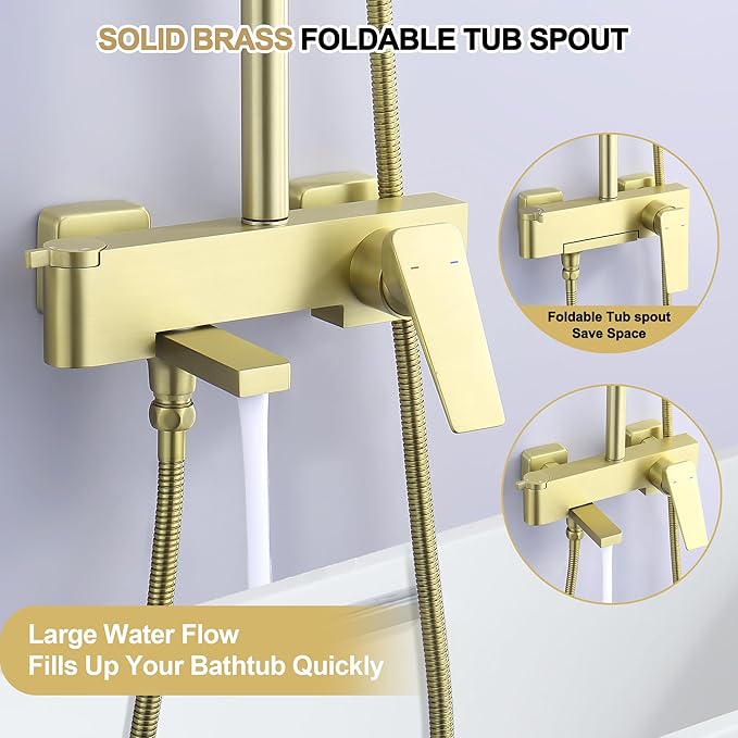 Shower Systems with 12 x8 Inches Rain Shower Head,Brushed Gold Exposed Pipe Shower System,3 Functions Tub Shower Faucet Sets,Overhead Shower System with Handheld