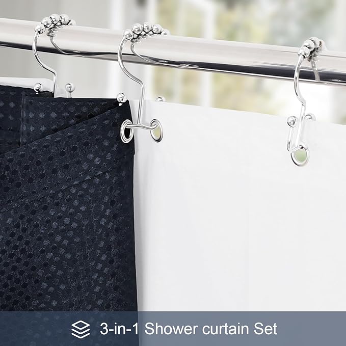 3 in 1 Extra Long Navy Blue Shower Curtain Set-72 W x 84 H, Modern Waffle and PEVA Liner Set with 12 Stainless Steel Hooks, Waterproof Fabric for Bathroom