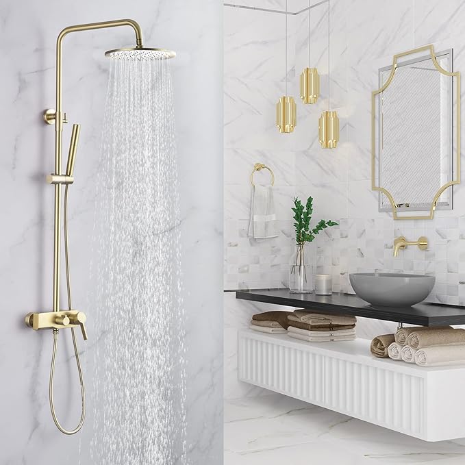 Brushed Gold Exposed Shower System with 2 Modes HandHeld,3 Functions Tub Shower Faucet Sets with Brass Valve, Shower Fixture with 10 Inches Rainfull Shower Head,Shower Height Adjustable