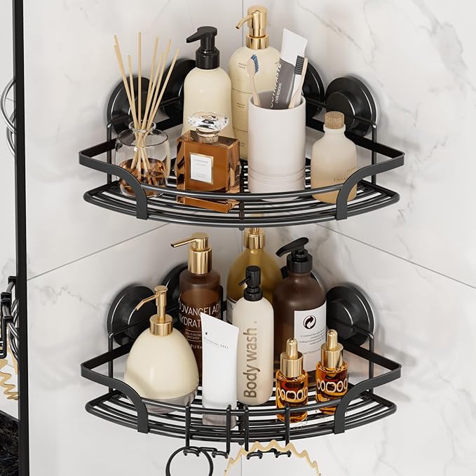 LEVERLOC 2 Pack Strong Suction Cup Corner Shower Caddy, Large Capacity Removable Bathroom Organizer, Stainless Steel Rustproof Shower Shelves with Hook, Drill-Free Wall Mounted Suction Basket, Black