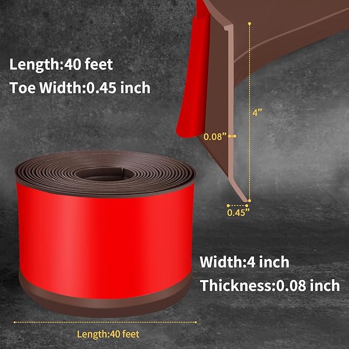 Flexible Baseboard Molding Trim 4 Inch Self-Adhesive Vinyl Wall Base Peel and Stick Cove Base Rubber Wall Baseboard Moulding Trim (40Ft, Brown)