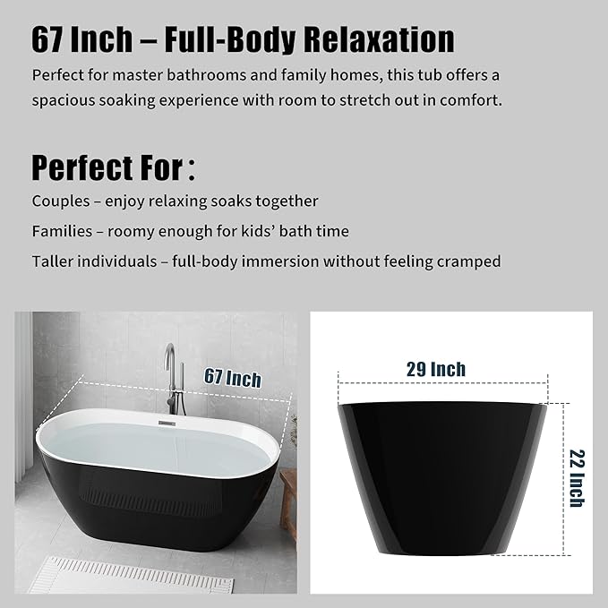 67 in Acrylic Freestanding Bathtub, Contemporary Stand Alone Tub,Glossy Black Soaking Tubs, Oval Bathtub with Chrome Overflow and Drain, CUPC Certified