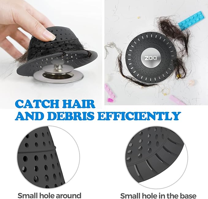 zaa Bathtub Drain Hair Catcher, 2 Pack Silicone Collapsible Bathtub Drain Cover Hair Catcher & Protector for Pop-Up & Regular Drains of Shower, Bathtub, Tub, Bathroom, Sink, Gray & Black