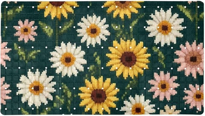 Bath Tub and Shower Mats, Non Slip Bathmat with Drain Holes and Suction Cups for Bathroom Floor, 15.1 x 26.8 Inch (Cute Pixel Daisies Floral Pattern)