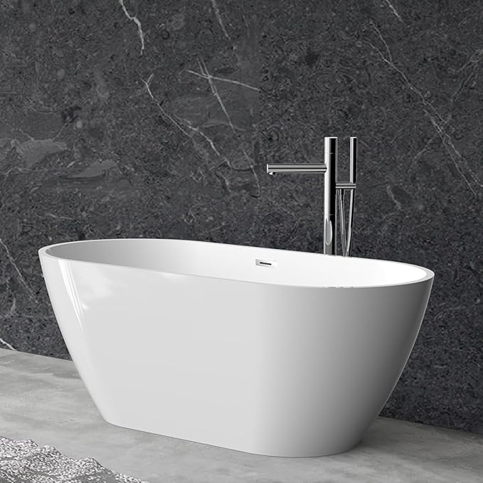 59''Acrylic Freestanding Bathtub Soaking Tub, Free Standing Bath Tub with Double-Walled Insulation, Ergonomic Deep Design, Glossy White, Matte Drain & Black Overflow, cUPC Certified Stand Alone Tub