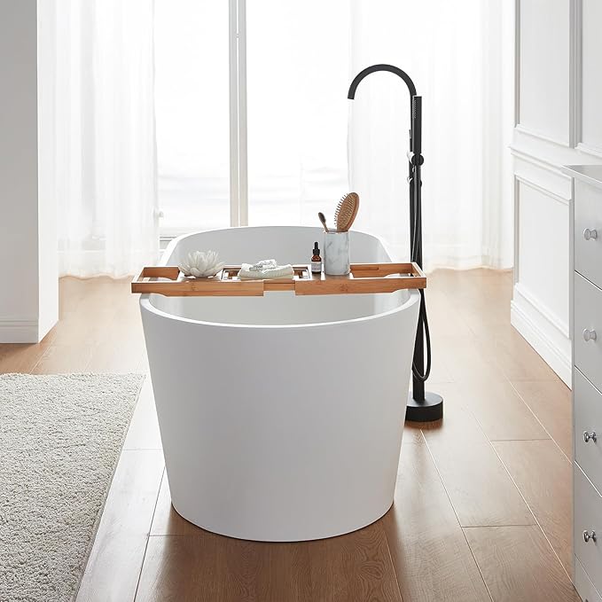 Cpingao 71" Stone Resin Freestanding Bathtub, Contemporary Oval Solid Surface Soaking Stand Alone Tub, Matte White, Drain & Overflow Included 8816-1800