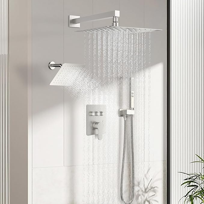 Shower System Dual Head，STARBATH 12+6" Rainfall Shower Head and Handheld Spray, Wall Mounted 3 Way Shower Faucet Set with Push Button Pressure Balance Valve and Trim Kit Brushed Nickel