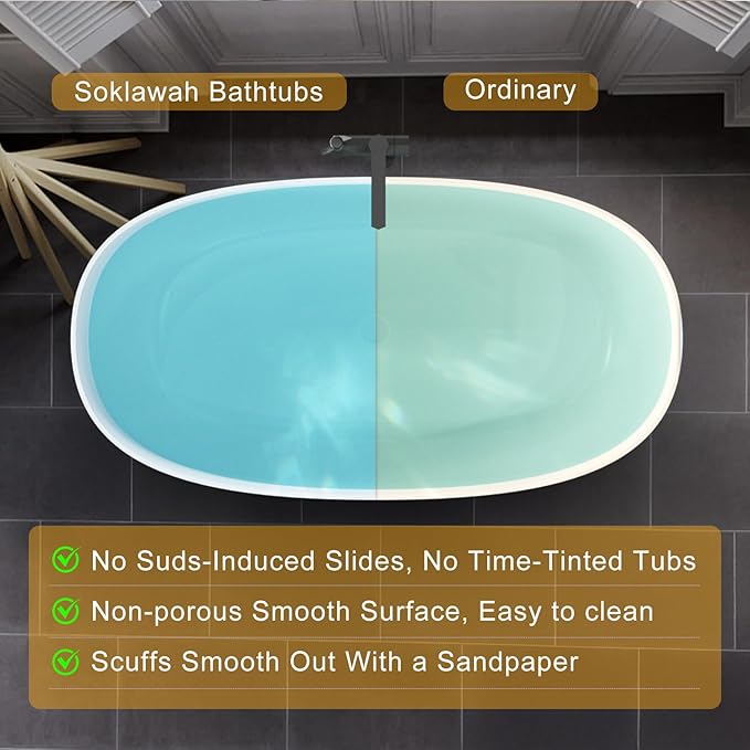 Stone Resin Freestanding Bathtubs,Soklawah 59" Solid Surface Luxury Soaking Tub,Oval Stand Alone Bathroom Bath tub with Drain & Integrated Slotted Overflow,Matte White Elegant Soaker Free Standing Tub