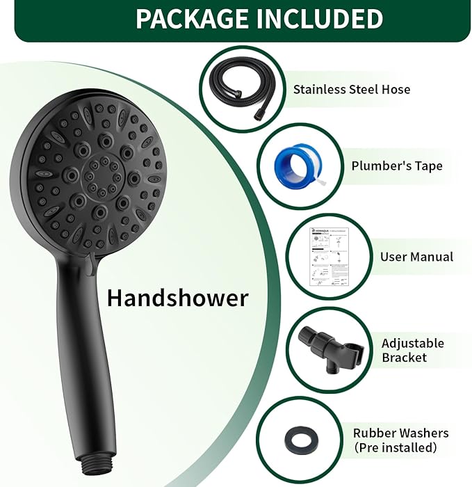 Matte Black Shower Head, 6 Spray Modes Handheld Showerhead, High Pressure Shower Head with 59 Inch Stainless Steel Hose and Adjustable Showerhead Holder