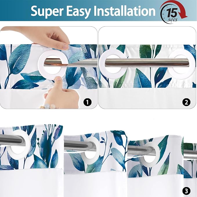 No Hook Shower Curtain and Liner Set, Dark Blue Eucalyptus Floral Shower Curtains for Bathroom, Bath Curtain Sets with Snap in Liner, Waterproof with See Through Top Window, 71x74 Inches