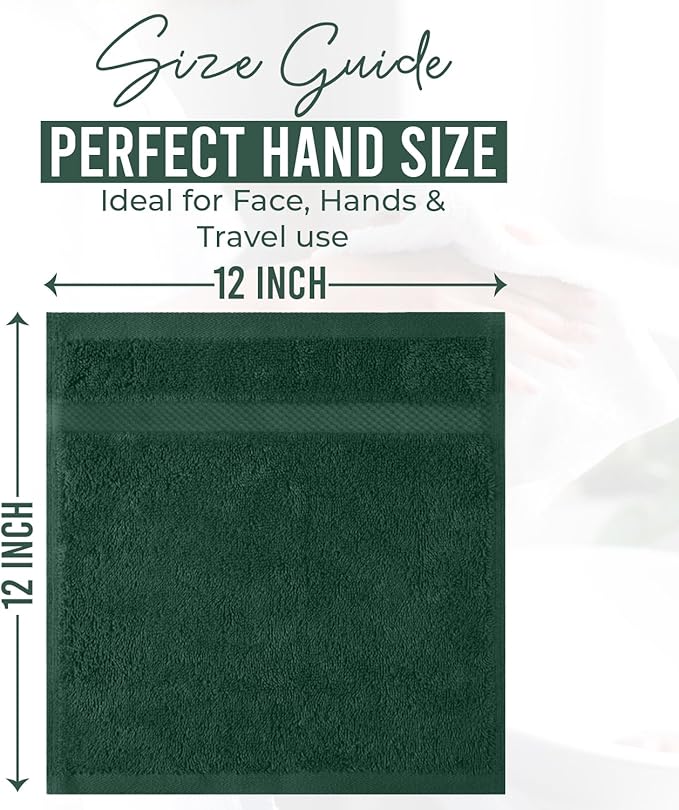 DAN RIVER 12-Pack Premium 100% Cotton Huntergreen Face Towels – Reusable Face Towel Set, Soft & Absorbent Cleaning Rags for Bathroom & Body – Hand and Face Towels, 550 GSM (12x12 in)