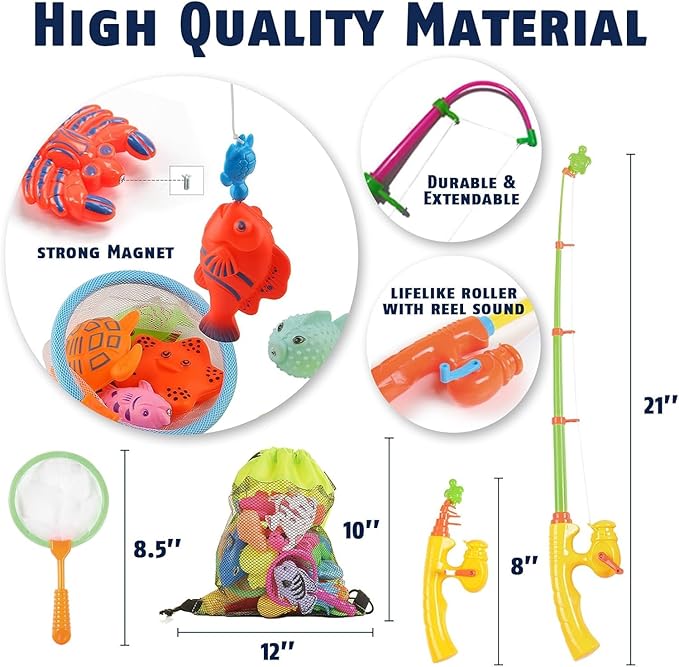 CozyBomB™ Magnetic Fishing Toys Game Set for Kids | Water Table Bathtub Kiddie Pool Party Pole Rod Net, Outdoor Plastic Floating Fish, Toddler Bath Color Ocean Sea Animals Birthday Gift Age 3-5 6 4-8