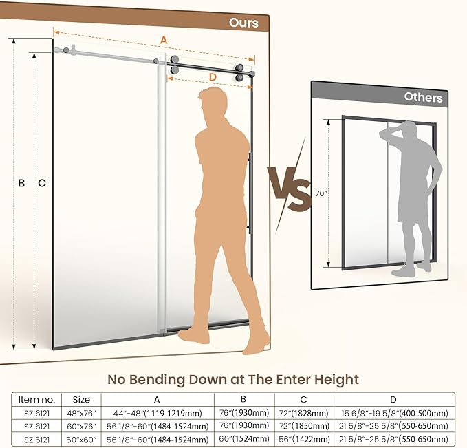 Bathbliss Glass Shower Door 56"-60" Wx76 H,Frameless Sliding Glass Door with 5/16"(8mm) Tempered Glass Shower with Matte Black Finish