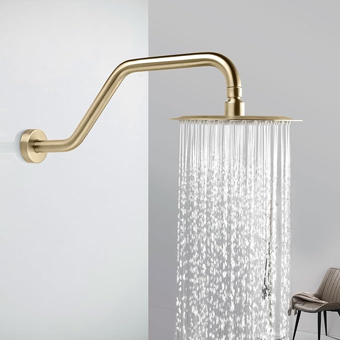 High Rise Shower Arm with Flange,15.5 Inch Gooseneck Shower Arm Extension,Stainless Steel S Shaped Shower Showerarm,Brushed Gold,9Z4MKK