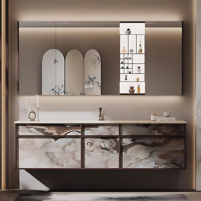 56IN Modern Bathroom Vanity with Sink - Bathroom Vanity with 2 Drawer Organizer, LED Mirror Lights & Defogging Function | Wall - Mounted Vanity with Silver Sink Faucet