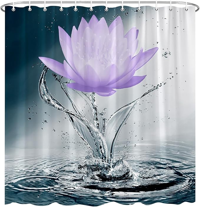 Lotus Shower Curtain Black White Blue Violet Flower Elegant Blooming Floral with Dew Spring Flower Reflection on Water Modern Romantic Polyester Fabric Bathroom Decor 60×70 Inch with Hook