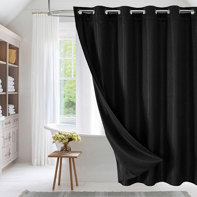 MitoVilla No Hooks Needed Extra Long Shower Curtain Liner Set, 86 inch XL Black Waffle Heavyweight Fabric Cloth Shower Curtains Set with Snap-in Liner for Modern Luxury Hotel & Spa Bathroom Decor