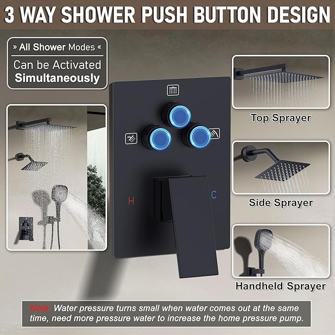 Shower Faucet Set Matte Black Shower System, Push Button Diverter 3-Way Shower Valve Kit, Wall Mount 12 Inch Overhead Shower Head with 6 Inch Side Spray Shower Head, 4 Modes Flow Handheld Shower