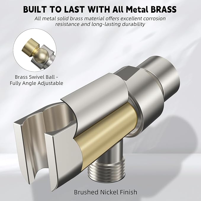Hibbent Universal All Metal Handheld Shower Head Holder, Adjustable Solid Brass Shower Wand Holder, 2 Size Shower Bracket Holes for Bathroom, Fits All Showerhead Hoses & Shower Arm, Brushed Nickel