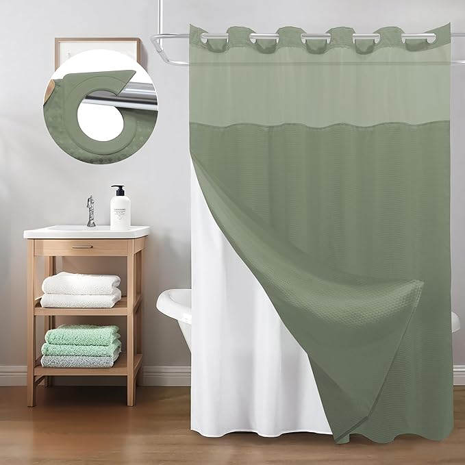 Inhousolu No Hook Shower Curtain with Snap in Fabric Liner Set Waffle Weave 230GSM Weighted Hem, Waterproof & Washable Bathroom Curtain Spa Luxury with Mesh Top Window 72" W x 72" L Sage Green