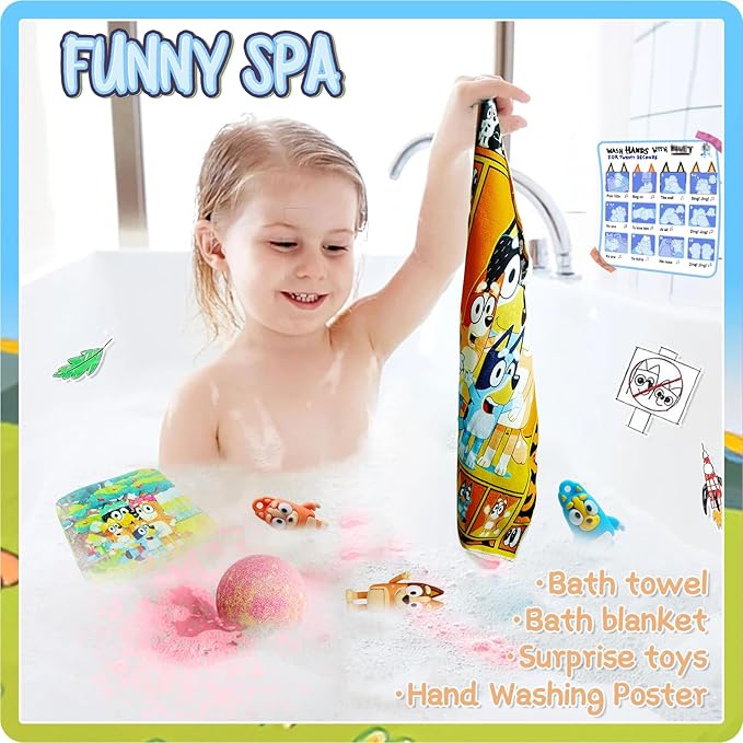 The Blue Heelers Gifts Set: Bath Bombs with Toys Inside, Shower Steamers, Mask Craft, Keychain, Drawstring Backpack, Towel, Blanket, Sticker, Poster, Gift Card, Birthday Gifts for Kids Boys Girls