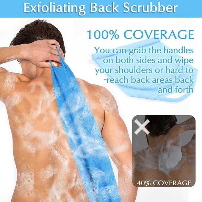 Anezus Exfoliating Back Scrubber Bath Gloves Set, Exfoliating Shower Towel with Shower Gloves for Body Scrub, Back Cleaner Wash Gloves to Remove Dead Skin (Blue)
