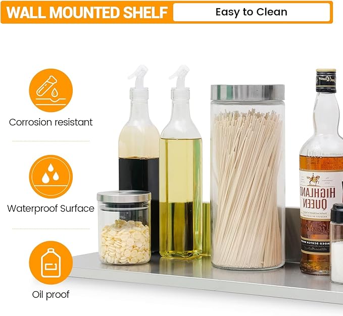 Stainless Steel Wall Shelf 8.6"x30" 60LB, 2 Packs L-Shaped Commercial Wall Mount Floating Shelving for Kitchen, Restaurant, Home