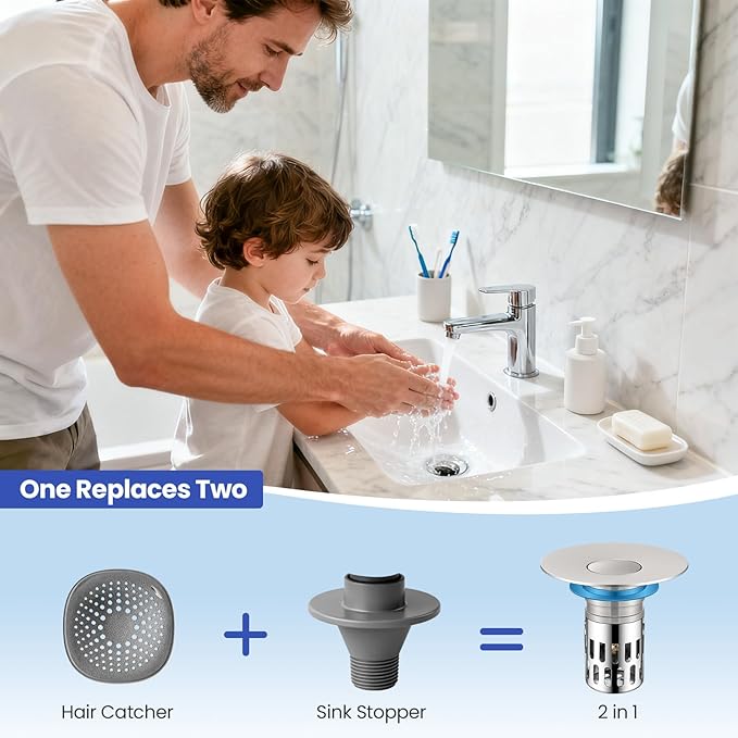 Universal Bathroom Sink Stopper, Pop Up Sink Drain Strainer Plug with Removable Stainless Steel Filter Basket Hair Catcher,Brass Body,Bathroom Bathtub Drain Stopper(2 PCS),Brushed Silver