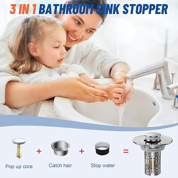 Bathroom Sink Stopper Hair Catcher, Pop Up Sink Drain Filter with Removable Stainless Steel Filter Basket Hair Catcher, for US Bathroom Sink Stopper Replacement. (1PCS)
