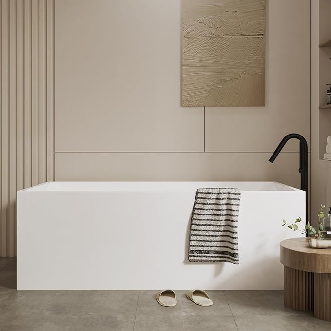 67" Acrylic Soaking Bathtub, Deep Modern Tub with Non-Slip Base, CUPC Certified, Space-Saving Bath with Chrome Drain and Overflow, Easy Install for Small Bathrooms, White