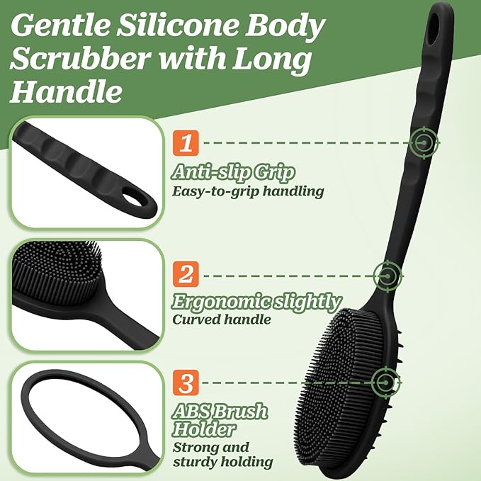 Silicone Face & Back Scrubber Set, Manual Face & Body Scrubber Exfoliator with Soft Bristles and Non-Slip Handle, Back Brush Bath Brush with Detachable Brush Head(2PCS Green Set)