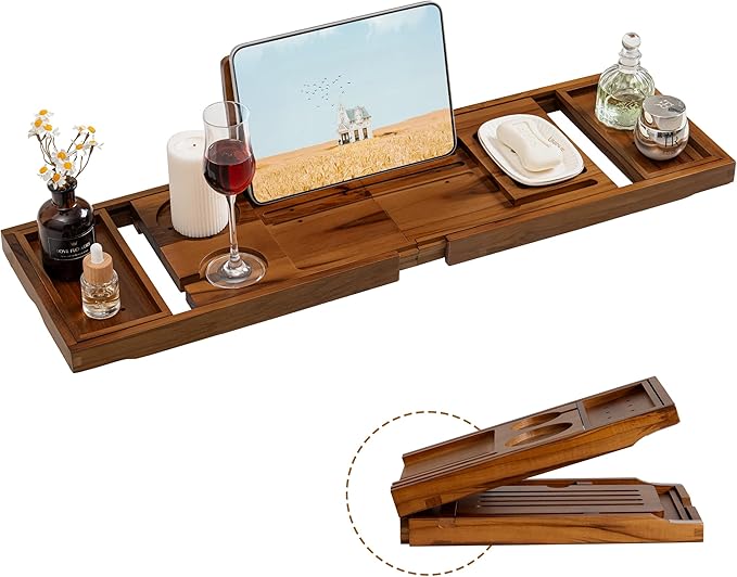 Teak Bathtub Tray Expandable Bathroom Tray for Home Spa Relaxation, Wooden Tray Caddy for Bathtub, Teak Bathtub Caddy as Unique Housewarming, Birthday, Wedding Shower Gifts (Natural Teak)